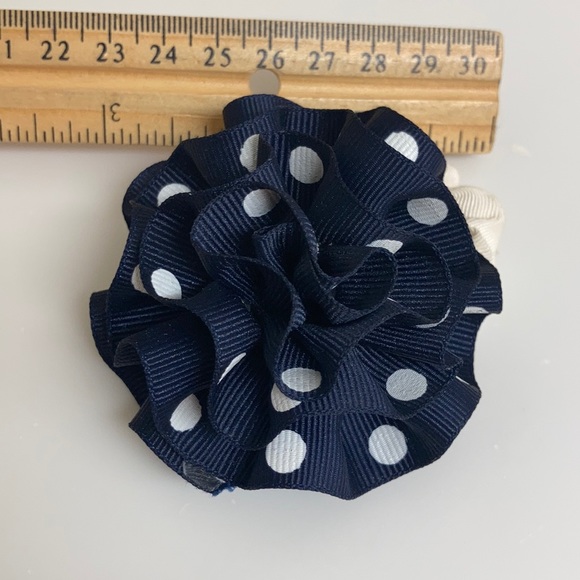 Navy & White Polka Dot Circular Round Larger Hair Bow Ponytail Holder - Picture 3 of 6